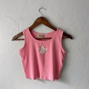 Y2k Fairy Grunge Pink Ribbed Studded Star Graphic Cotton Cropped Tank Top XS